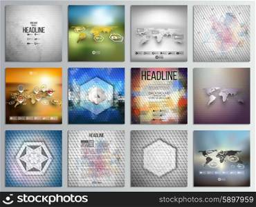 Set of 12 creative cards, square brochure template design, geometric backgrounds set, abstract polygonal colorful vector patterns, world map infographics.