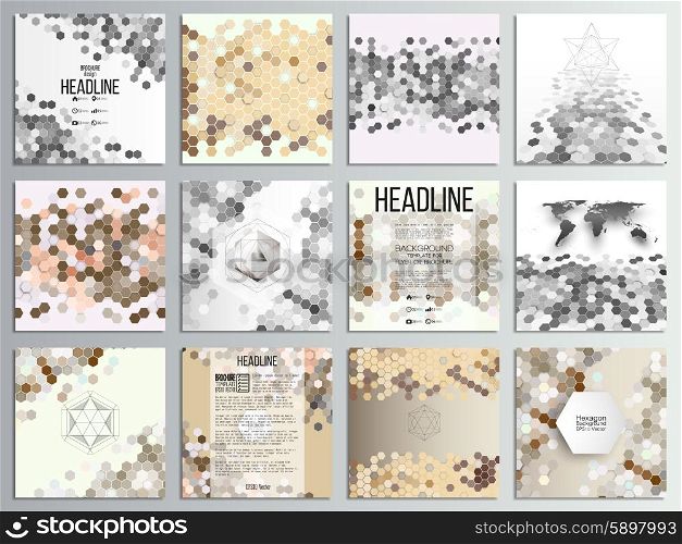 Set of 12 creative cards, square brochure template design, geometric backgrounds set, abstract hexagonal vector patterns.