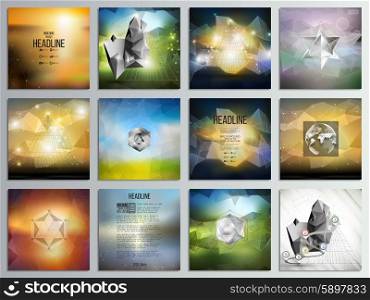Set of 12 creative cards, square brochure template design, geometric science backgrounds set, abstract blurred colorful vector patterns.
