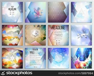 Set of 12 creative cards, square brochure template design, geometric science backgrounds set, abstract triangular colorful vector patterns.
