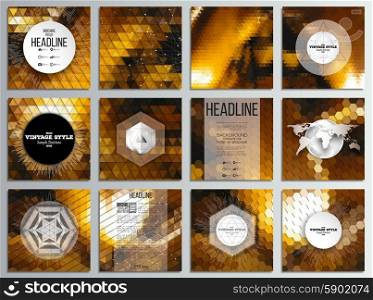 Set of 12 creative cards, square brochure template design. Golden abstract backgrounds. Geometrical patterns. Triangular and hexagonal style vector illustration.