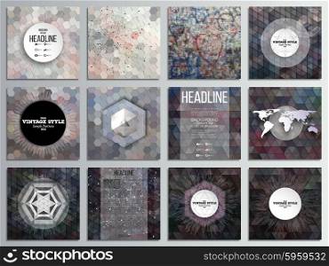 Set of 12 creative cards, square brochure template design. Graffiti wall. Abstract multicolored backgrounds. Geometrical patterns. Triangular and hexagonal style vector illustration.