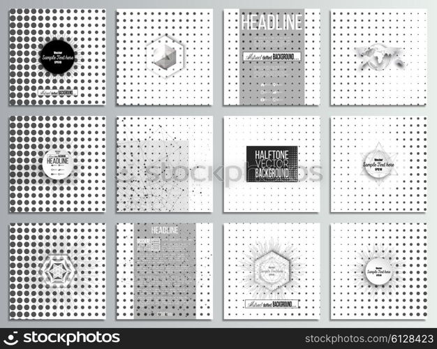 Set of 12 creative cards, square brochure template design. Halftone vector background. Abstract halftone effect with black dots on white background.