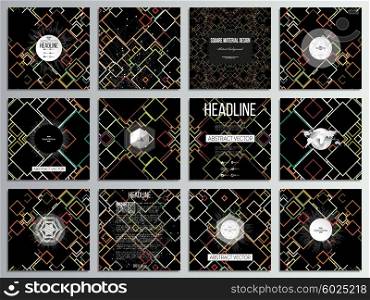 Set of 12 creative cards, square brochure template design. Material Design. Colored vector background.