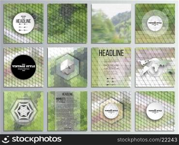 Set of 12 creative cards, square brochure template design. Nature landscape. Collection of abstract multicolored backgrounds. Natural geometrical patterns. Triangular and hexagonal style vector