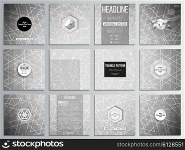 Set of 12 creative cards, square brochure template design. Sacred geometry, triangle design gray background. Abstract vector illustration.