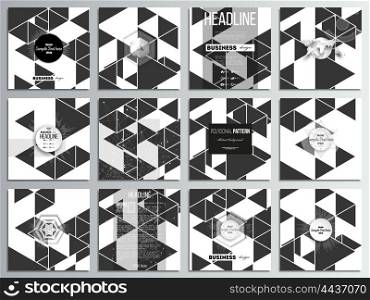 Set of 12 creative cards, square brochure template design. Triangular vector pattern. Abstract black triangles on white background.