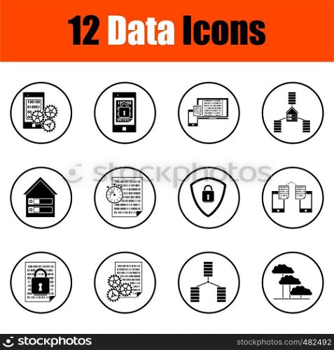 Set of 12 Data Icons. Thin Circle Design. Fully Editable Vector Illustration. Text Expanded.