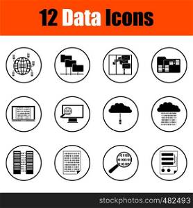 Set of 12 Data Icons. Thin Circle Design. Fully Editable Vector Illustration. Text Expanded.
