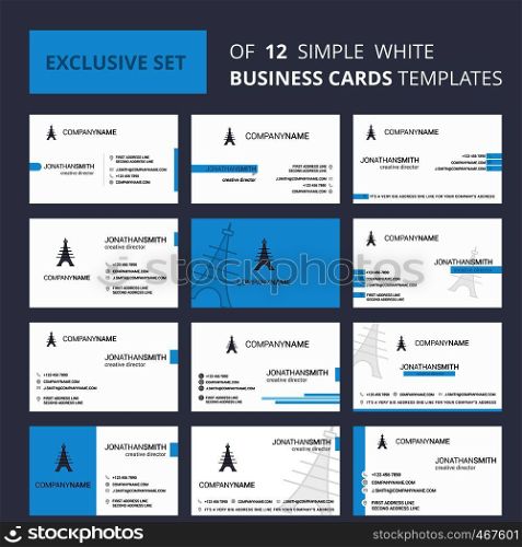 Set of 12 Eiffel tower Creative Busienss Card Template. Editable Creative logo and Visiting card background