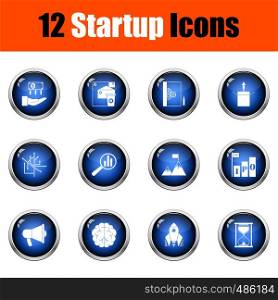 Set of 12 icons on Startup theme. Glossy Button Design. Fully editable vector illustration. Text expanded.