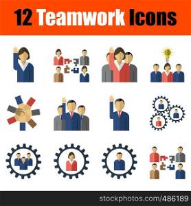Set of 12 icons on Teamwork theme. Flat Design. Fully editable vector illustration. Text expanded.