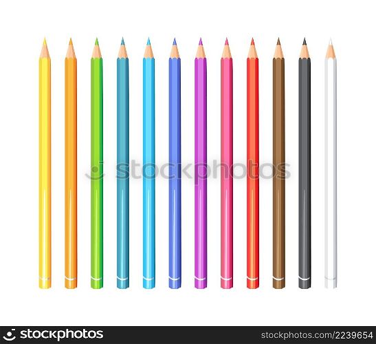 Set of 12 realistic colorful pencil. Color pencils isolated on white background. Back to school items. Template design for presentation, publications, education.. Vector set of colorful realistic pencil illustration