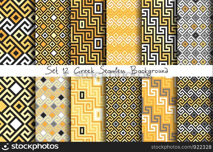 Set of 12 Traditional seamless vintage gold square Greek ornament, Meander. Set seamless Greek gold ornament, Meander