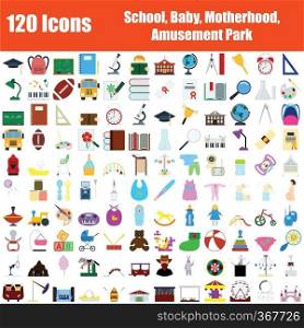 Set of 120 Icons. School, Baby, Motherhood, Amusement Park themes. Color Flat Design. Vector Illustration.