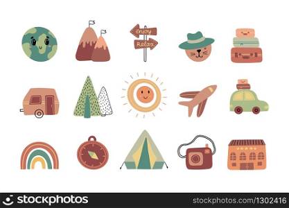 Set of 15 cute travel icons on a white background. Flat childish icons. Travel set for logo.