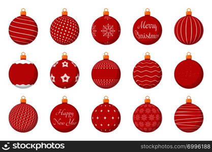 Set of 15 red Christmas balls with different textures, flat style, vector eps10 illustration. Red Christmas Balls