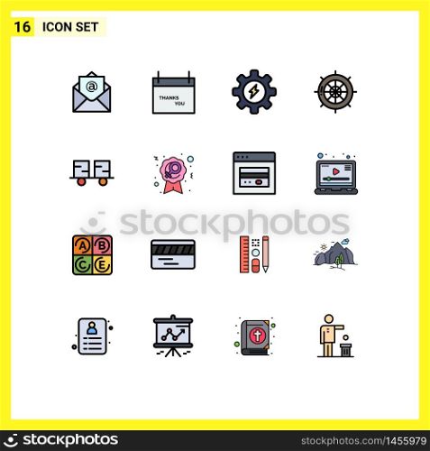 Set of 16 Commercial Flat Color Filled Lines pack for forklift, caterpillar vehicles, gear, travel, sea Editable Creative Vector Design Elements