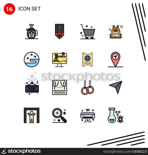 Set of 16 Commercial Flat Color Filled Lines pack for night, travel, tag, bag, shopping Editable Creative Vector Design Elements