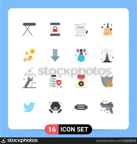 Set of 16 Commercial Flat Colors pack for hand, sweep, degree, cleaning, broom Editable Pack of Creative Vector Design Elements