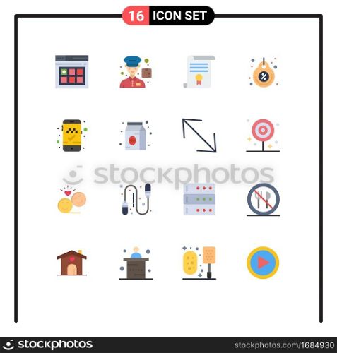 Set of 16 Commercial Flat Colors pack for online cab booking, discount, diploma, tag, label Editable Pack of Creative Vector Design Elements