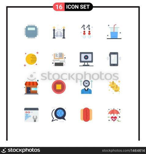 Set of 16 Commercial Flat Colors pack for planet, shopping, earring, shop, drinks Editable Pack of Creative Vector Design Elements