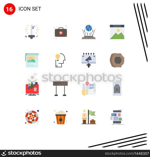 Set of 16 Commercial Flat Colors pack for poster, cleander, globe, website, computer Editable Pack of Creative Vector Design Elements