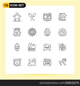 Set of 16 Commercial Outlines pack for bag, education, screen, chemistry, book Editable Vector Design Elements