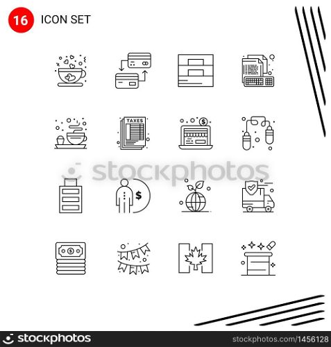Set of 16 Commercial Outlines pack for breakfast, keyboard, accessories, creative, coding Editable Vector Design Elements