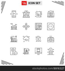 Set of 16 Commercial Outlines pack for car, project management, urban, project idea, active learning Editable Vector Design Elements