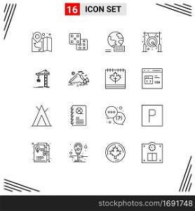 Set of 16 Commercial Outlines pack for constructing, building, marketing, crane, gong Editable Vector Design Elements