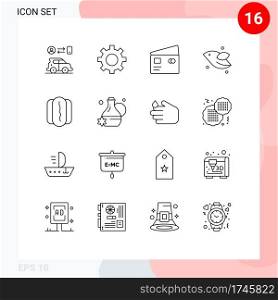 Set of 16 Commercial Outlines pack for food, fly, credit, bird, shopping Editable Vector Design Elements