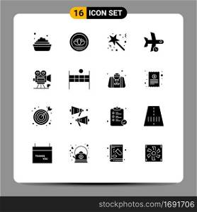Set of 16 Commercial Solid Glyphs pack for camera, transport, stick, refresh, flight Editable Vector Design Elements