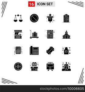Set of 16 Commercial Solid Glyphs pack for coffee, bar, farming, file, task Editable Vector Design Elements