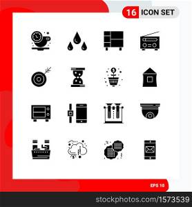 Set of 16 Commercial Solid Glyphs pack for dart, user, home, radio, device Editable Vector Design Elements