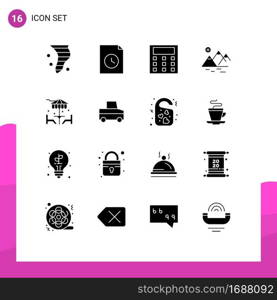 Set of 16 Commercial Solid Glyphs pack for dinner, beach, calculation, farming, mountain Editable Vector Design Elements
