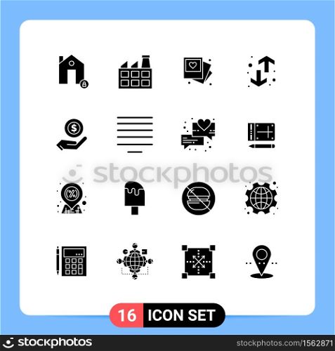 Set of 16 Commercial Solid Glyphs pack for ecommerce, trend, gallert, transfers, direction Editable Vector Design Elements