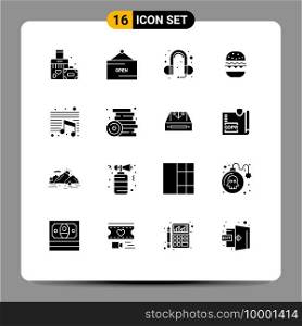 Set of 16 Commercial Solid Glyphs pack for education, music, ear, canada, food Editable Vector Design Elements