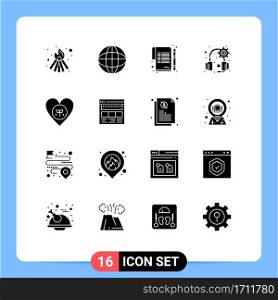 Set of 16 Commercial Solid Glyphs pack for heart, environment, paper, ecology, headphones Editable Vector Design Elements