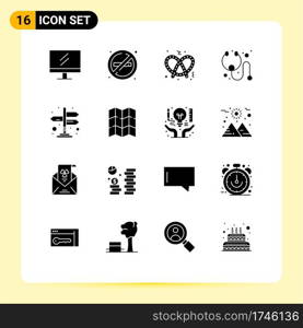 Set of 16 Commercial Solid Glyphs pack for location, arrows, pretzel, navigation, stethoscope Editable Vector Design Elements