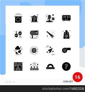 Set of 16 Commercial Solid Glyphs pack for music, instrument, football player, wagon, trailer Editable Vector Design Elements