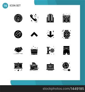Set of 16 Commercial Solid Glyphs pack for no fire, launch, phone call, idea, browser Editable Vector Design Elements