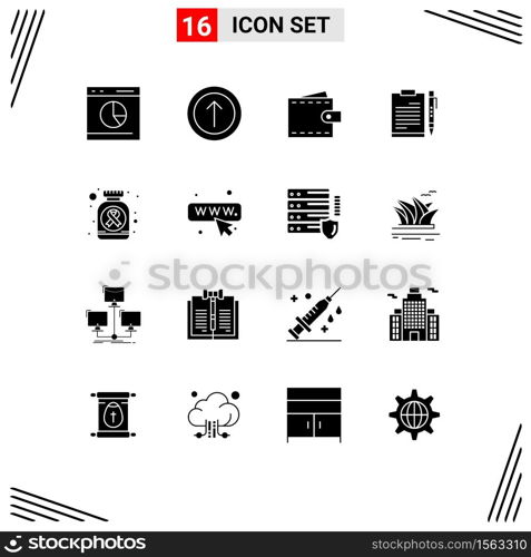 Set of 16 Commercial Solid Glyphs pack for page, clipboard, business, business, wallet Editable Vector Design Elements