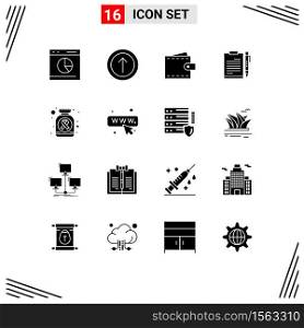 Set of 16 Commercial Solid Glyphs pack for page, clipboard, business, business, wallet Editable Vector Design Elements