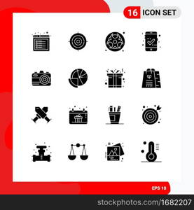 Set of 16 Commercial Solid Glyphs pack for photo, mobile access, point, checked, waste Editable Vector Design Elements