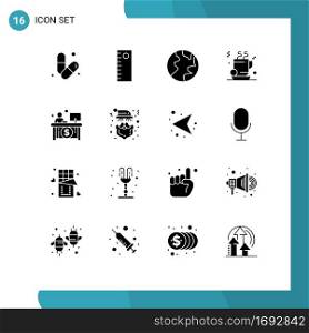 Set of 16 Commercial Solid Glyphs pack for teller, economy, globe, business, coffee Editable Vector Design Elements