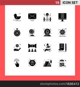 Set of 16 Commercial Solid Glyphs pack for world, investment time, idea, clock, remote Editable Vector Design Elements