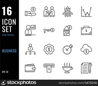 Set of 16 icons business thin line style. Pixel Perfect. Vector illustration