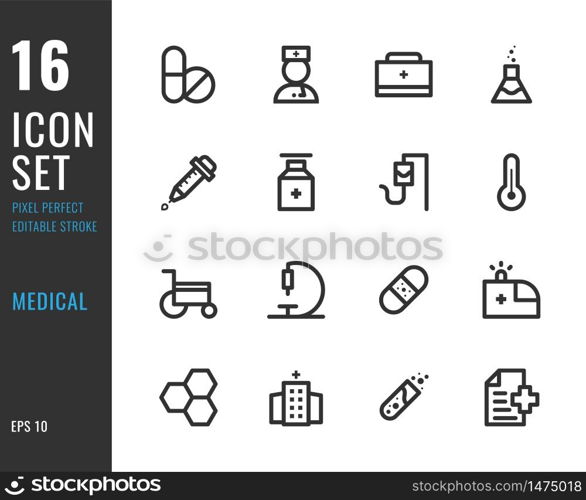 Set of 16 icons medical thin line style. Editable stroke. Pixel Perfect. Vector illustration