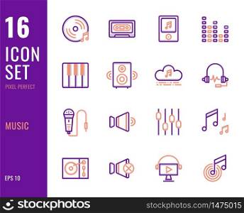 Set of 16 icons music thin line style. Pixel Perfect. Vector illustration